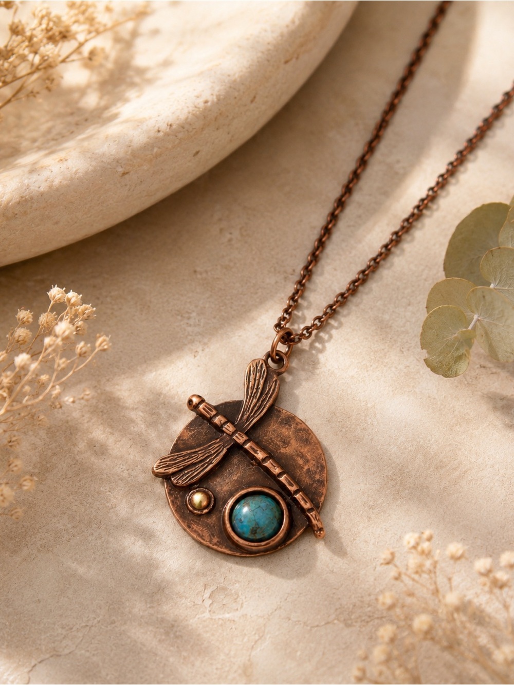 Handmade Copper Dragonfly Necklace | Blue Stone | Woodland Nature Jewelry